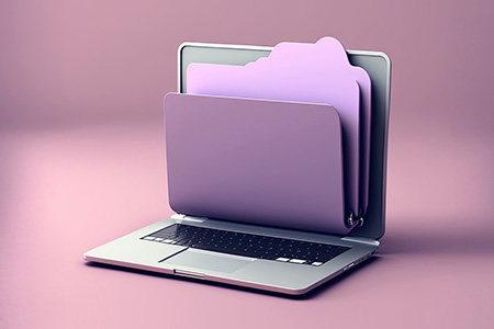 En öppen bärbar dator visas mot en rosa bakgrund. På skärmen syns en lila arkivmapp som symboliserar SIE-Gruppens förslag på filformat som kan underlätta arkivering av räkenskapsinformation.  